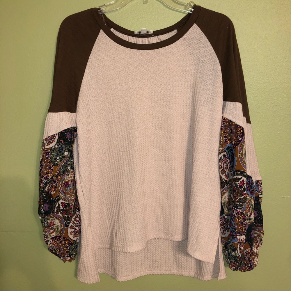 Umgee Peasant Boho Top Shirt Blouse Puff Balloon Sleeve Loose Casual Waffle Knit